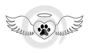 Heart with dogs paw inside with angel wings and halo. Pet death memorial concept. Graphic design for tattoo, tshirt
