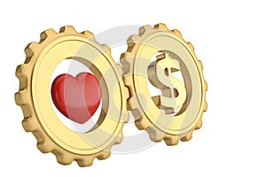 Heart and dollar symbol in gold gears. 3D illustration.