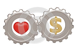 Heart and dollar symbol in steel gears. 3D illustration.