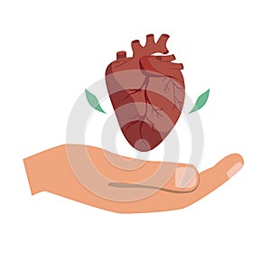 Heart donation vector. Giving hand with heart symbol. The bioengineering technologies for creating viable organs for