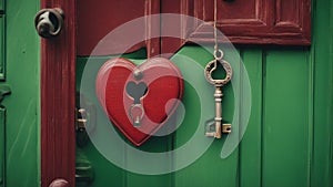 heart on the door A red heart with a key on a green door. The heart is a symbol of love and trust, and the key is a sign openness