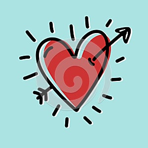 Heart drawing with arrow, funny style. Markers and flat colors. Heart of red color. For Valentine`s Day promotions, invitations,