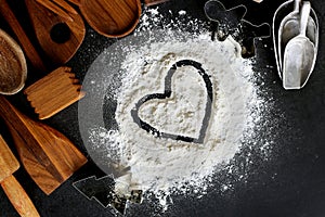 Heart Drawn in Baking Flour with Baking Supplies Border