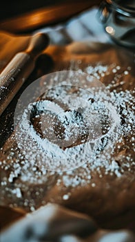 a heart drawn in flour with rolling pin on the side, close up