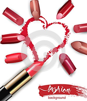 Heart drawn with red lipstick. Broken multicolored lipstick Isolated on white background. valentine day concept Beauty