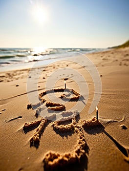 Heart is drawn in sand on beach, with an ?I love you? message written next to it. The heart and message are located
