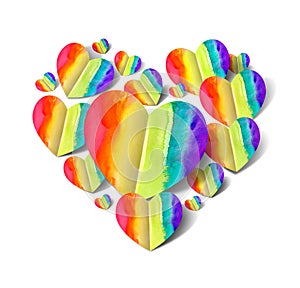 heart drawn with watercolors in a rainbow on a white background.