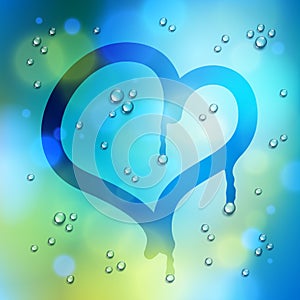Heart drawn on a window over blurred background and water rain drops, vector realistic illustration, loneliness sadness and