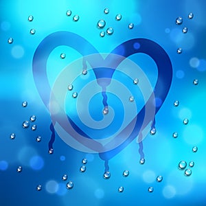 Heart drawn on a window over blurred background and water rain drops, vector realistic illustration, loneliness sadness and