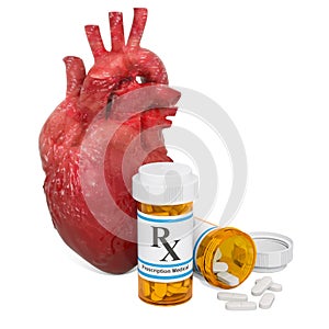 Heart drugs concept. Human heart with medical bottles and pills