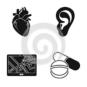 A heart, ear and other web icon in black style. location, tablets icons in set collection.