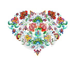 Heart with eastern european decorative ethnic flowers. Watercolor folk art