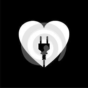 Heart with electric plug icon isolated on dark background