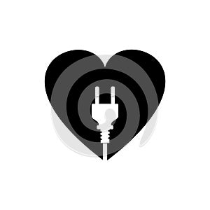 Heart with electric plug icon isolated on white background