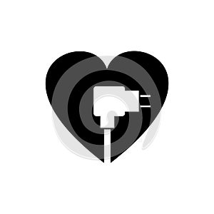 Heart with electric plug icon isolated on white background