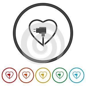 Heart with electric plug icon. Set icons colorful