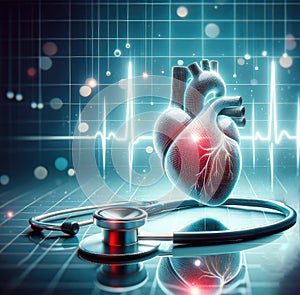 heart with an electrocardiogram (ECG) waveform with stethoscope