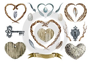 Heart elements natural set. Watercolor illustration. Hand drawn wooden, stone, feather heart shape natural elements