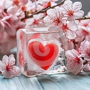 A heart encased in an ice cube, against a backdrop of cherry blossoms