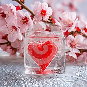 A heart encased in an ice cube, against a backdrop of cherry blossoms