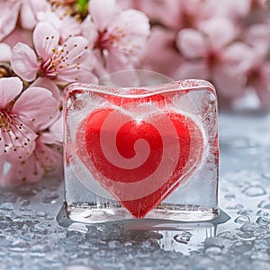 A heart encased in an ice cube, against a backdrop of cherry blossoms