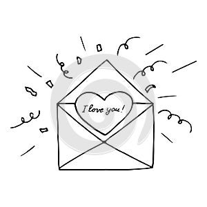 Heart in envelope, lettering i love you and fireworks confetti sketch hand drawn doodle. love, icon, vector, monochrome,