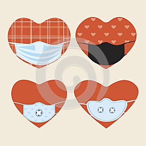 Heart, face mask isolated for for valentine, flat vector stock illustration as a concept of wearing a face mask, icon set, logo
