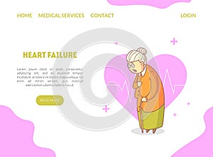 Heart Failure Landing Page, Elderly Woman Suffering from Heartache Walking with Cane, Website or Mobile App Template