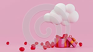 Heart falling from cloud to gift box, for valentine day festival wedding celebration, 3D rendering.