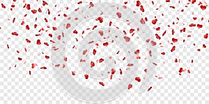 Heart falling confetti isolated white transparent background. Red fall hearts. Valentine day decoration. Love element