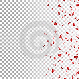 Heart falling confetti isolated white transparent background. Red fall hearts. Valentine day decoration. Love element