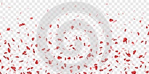 Heart falling confetti isolated white transparent background. Red fall hearts. Valentine day decoration. Love element