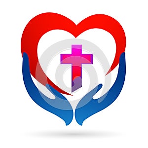 Heart Family Church People home love logo icon hearts happiness love care hands cross together success wellness health symbol