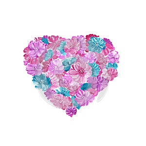 Heart filled with bright multi-colored flowers. For the design of cards, invitations. Watercolor illustration