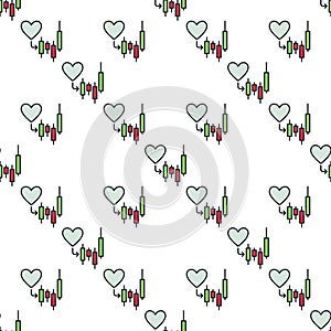 Heart with Financial Candlestick Chart vector colored seamless pattern