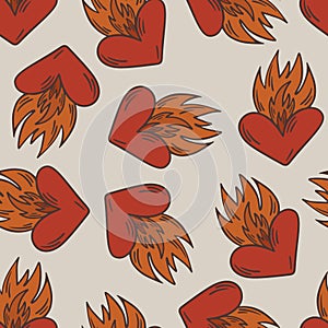 Heart with Fire Vintage Retro Seamless Pattern