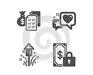 Heart, Fireworks and Accounting wealth icons. Private payment sign. Vector