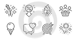 Heart flame, Archery and Fireworks rocket icons set. Fireworks, Heart and Discount signs. Vector