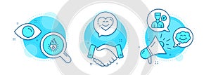 Heart flame, Smile and Smile chat icons set. Valet servant sign. Love fire, Comic chat, Heart face. Vector