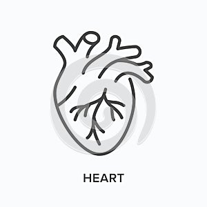 Heart flat line icon. Vector outline illustration of human organ. Cardiovascular, cardiology thin linear medical
