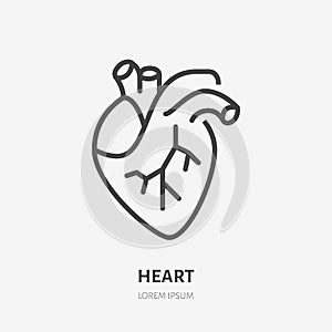 Heart flat line icon. Vector thin pictogram of human internal organ, outline illustration for cardiology clinic