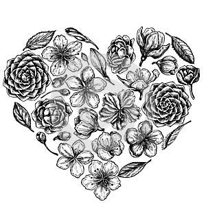 Heart floral design with black and white hibiscus, plum flowers, peach flowers, sakura flowers, magnolia flowers