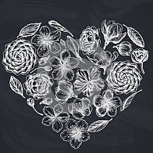 Heart floral design with chalk hibiscus, plum flowers, peach flowers, sakura flowers, magnolia flowers, camellia