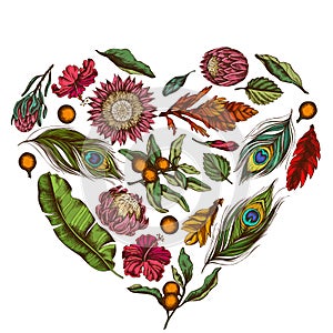 Heart floral design with colored banana palm leaves, hibiscus, solanum, bromeliad, peacock feathers, protea