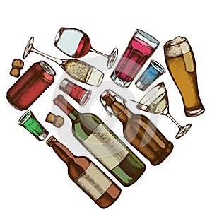 Heart floral design with colored glass, champagne, mug of beer, alcohol shot, bottles of beer, bottle of wine, glass of