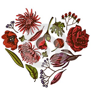 Heart floral design with colored viburnum, hypericum, tulip, aster, leucadendron, amaryllis