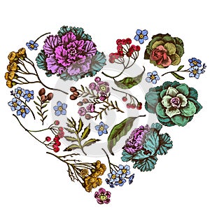 Heart floral design with colored wax flower, forget me not flower, tansy, ardisia, brassica, decorative cabbage