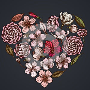 Heart floral design on dark background with hibiscus, plum flowers, peach flowers, sakura flowers, magnolia flowers