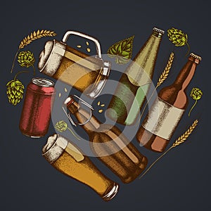 Heart floral design on dark background with rye, hop, mug of beer, bottles of beer, aluminum can