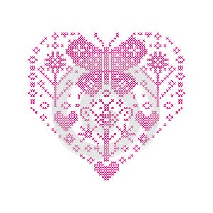 Heart with flowers and butterflies in cross stitch style